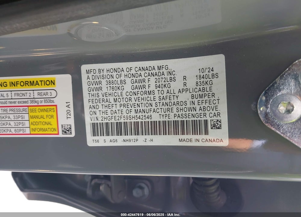 2025 HONDA CIVIC VIN: 2HGFE2F59SH542546
