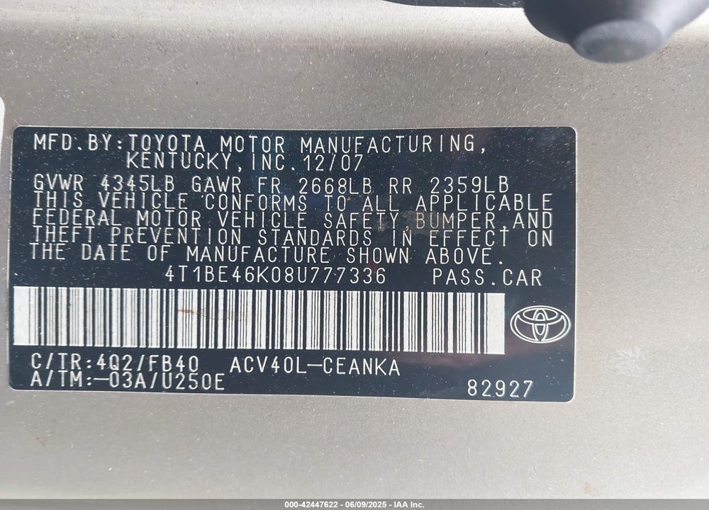 2008 TOYOTA CAMRY VIN: 4T1BE46K08U777336