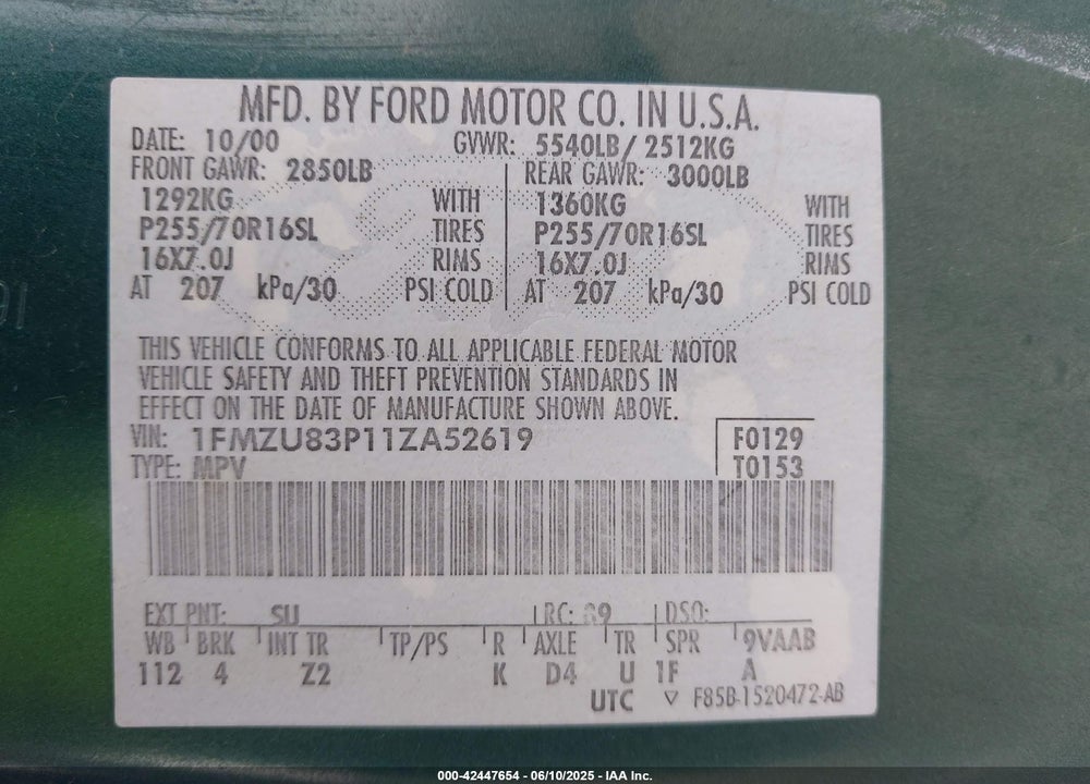 2001 FORD EXPLORER XLT VIN: 1FMZU83P11ZA52619