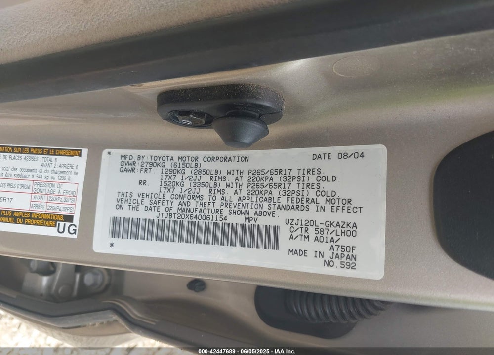 2004 LEXUS GX 470 VIN: JTJBT20X640061154