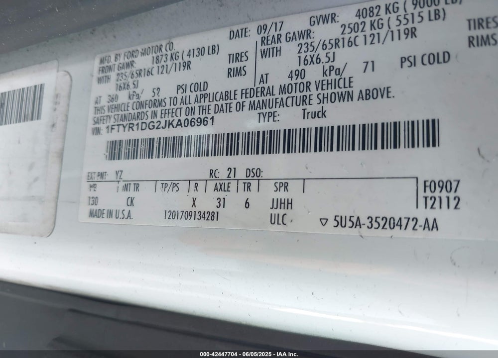 2018 FORD TRANSIT-250 VIN: 1FTYR1DG2JKA06961