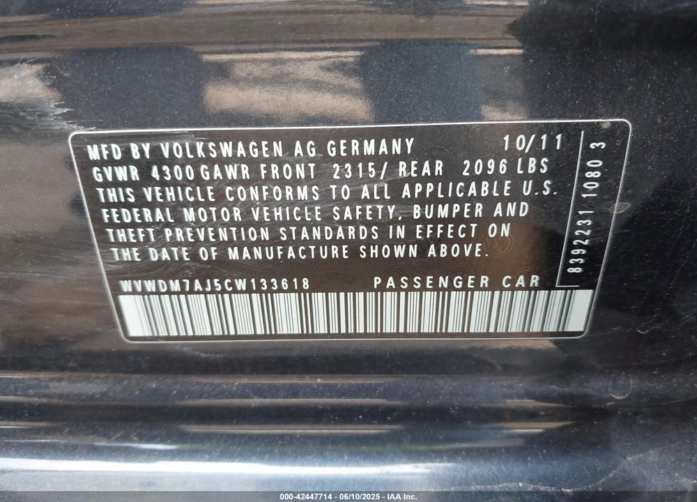 2012 VOLKSWAGEN GOLF VIN: WVWDM7AJ5CW133618