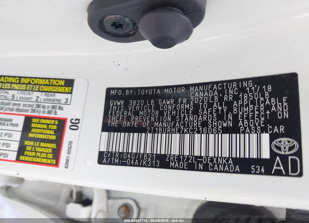 2019 TOYOTA COROLLA VIN: 2T1BURHE7KC216065