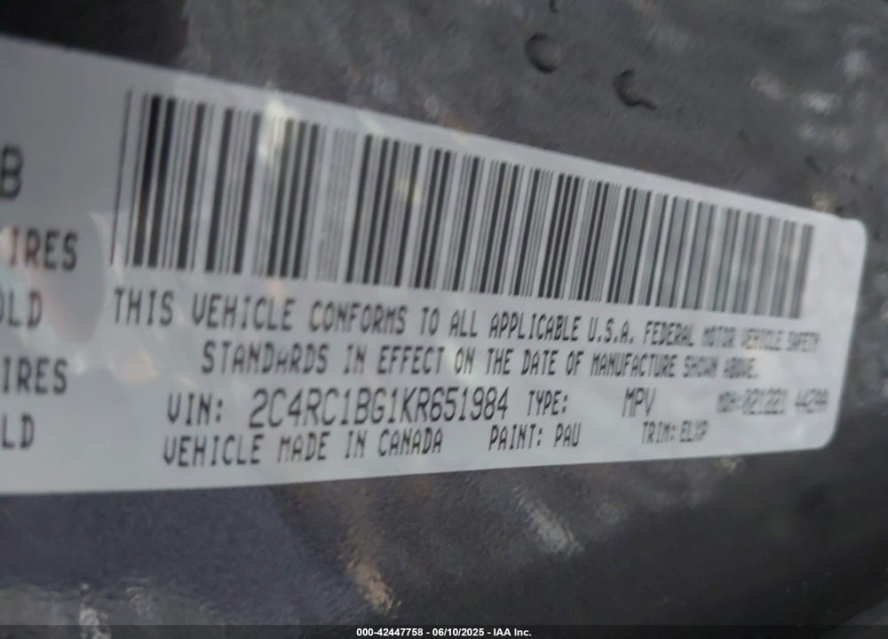 2019 CHRYSLER PACIFICA TOURING L VIN: 2C4RC1BG1KR651984