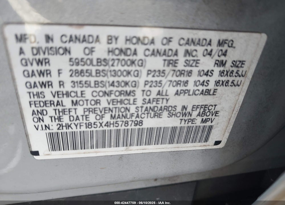 2004 HONDA PILOT VIN: 2HKYF185X4H578798