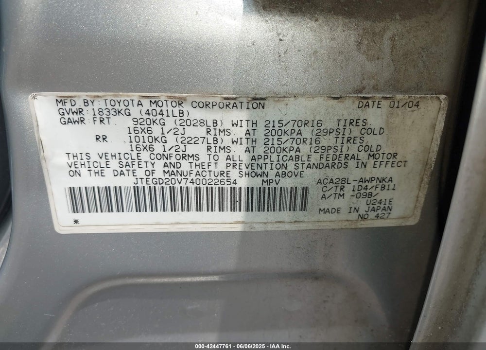 2004 TOYOTA RAV4 VIN: JTEGD20V740022654