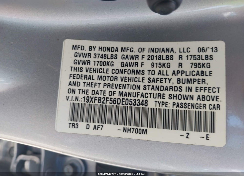2013 HONDA CIVIC VIN: 19XFB2F56DE053348