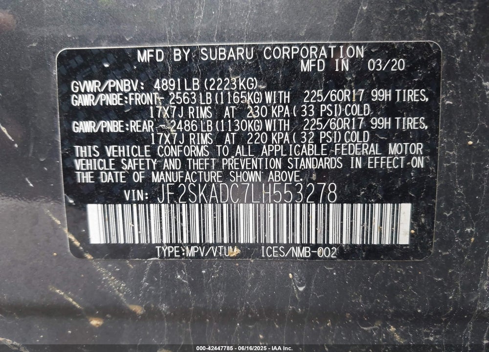 2020 SUBARU FORESTER VIN: JF2SKADC7LH553278