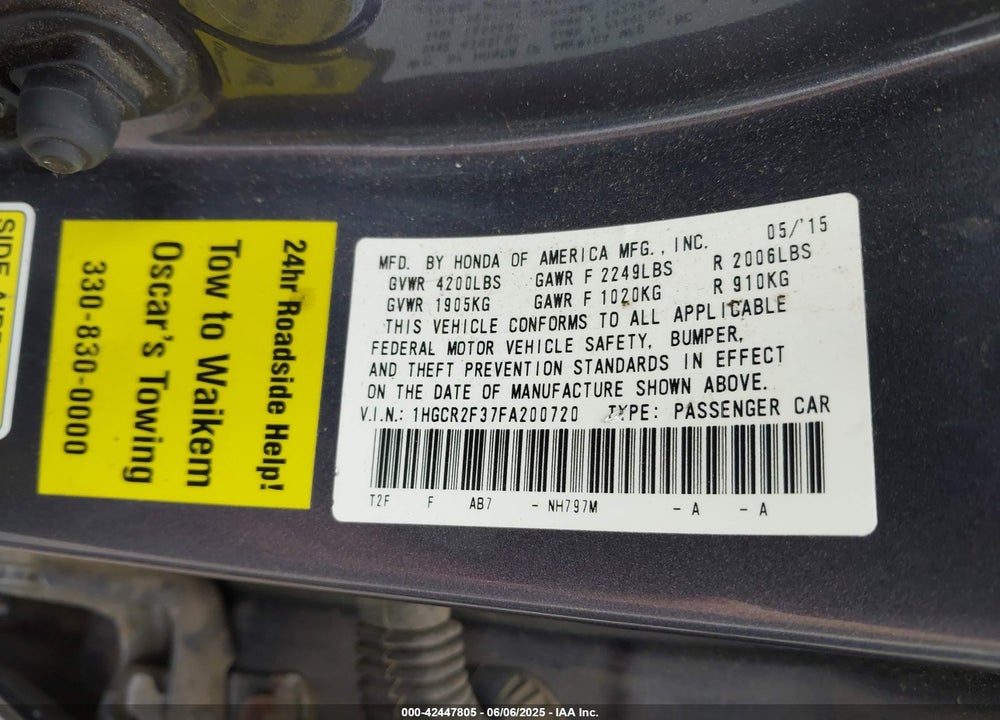 2015 HONDA ACCORD LX VIN: 1HGCR2F37FA200720