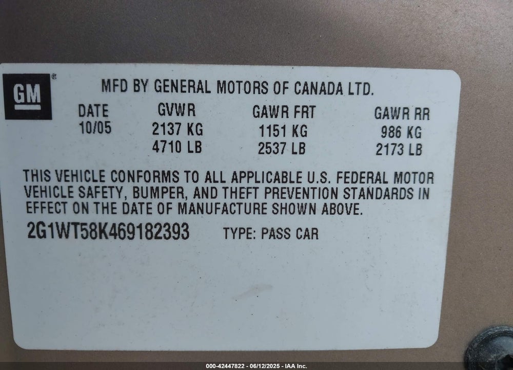 2006 CHEVROLET IMPALA VIN: 2G1WT58K469182393