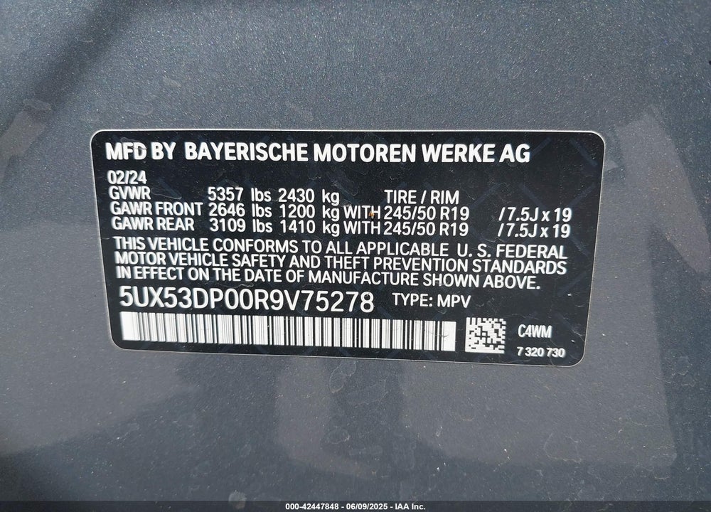 2024 BMW X3 XDRIVE30I VIN: 5UX53DP00R9V75278