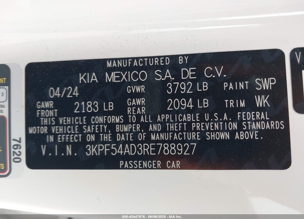 2024 KIA FORTE VIN: 3KPF54AD3RE788927
