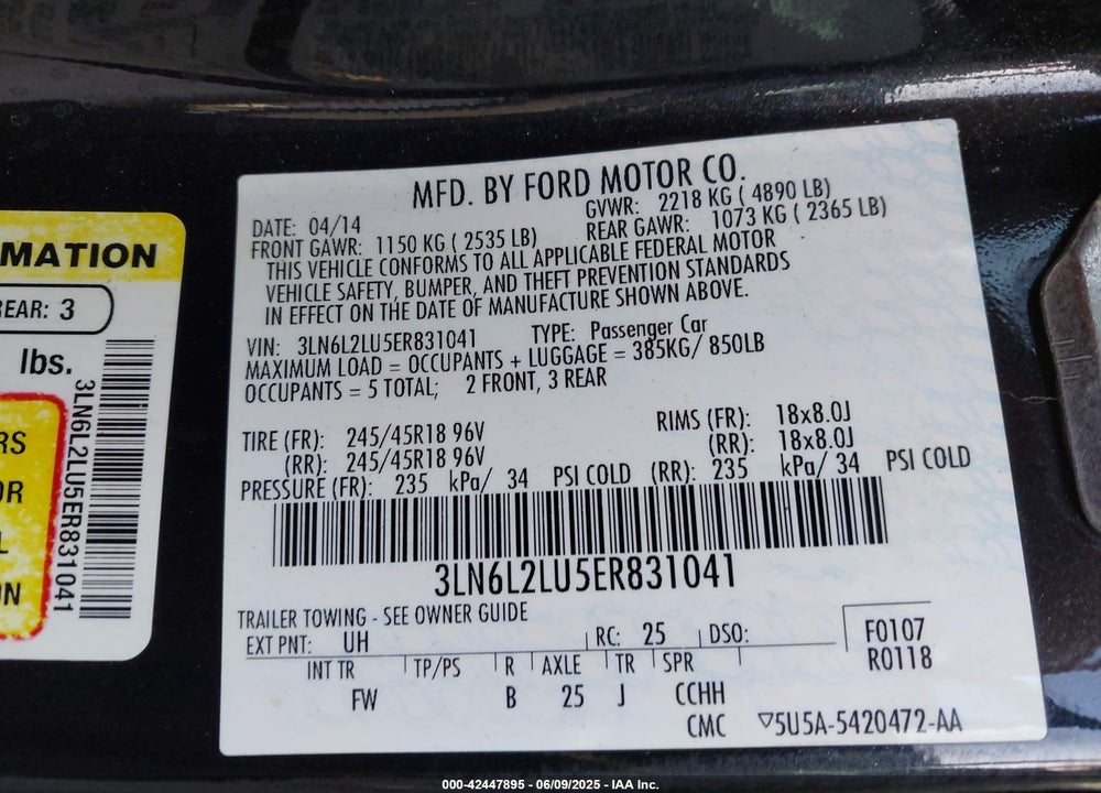 2014 LINCOLN MKZ VIN: 3LN6L2LU5ER831041