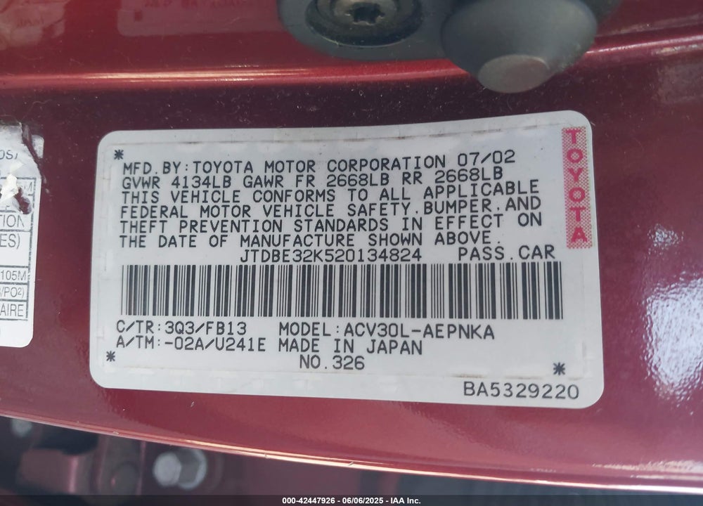 2002 TOYOTA CAMRY LE VIN: JTDBE32K520134824
