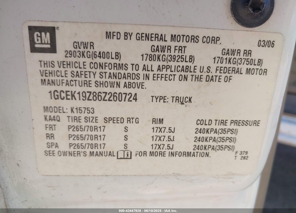 2006 CHEVROLET SILVERADO 1500 VIN: 1GCEK19Z86Z260724