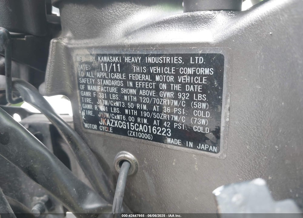 2012 KAWASAKI ZX1000 G VIN: JKAZXCG15CA016223