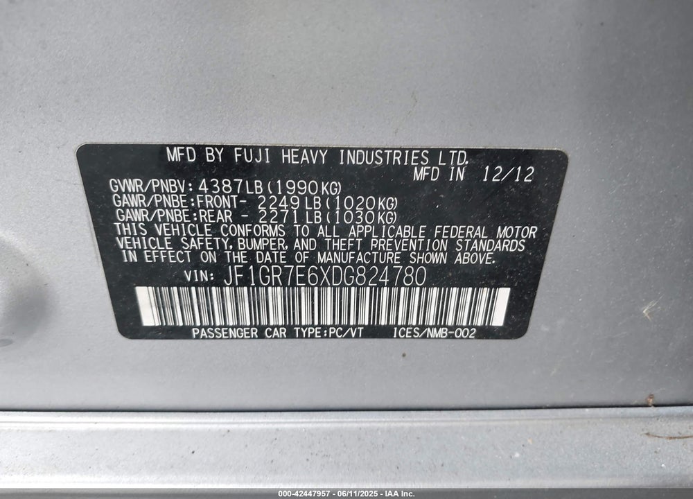 2013 SUBARU IMPREZA WRX VIN: JF1GR7E6XDG824780