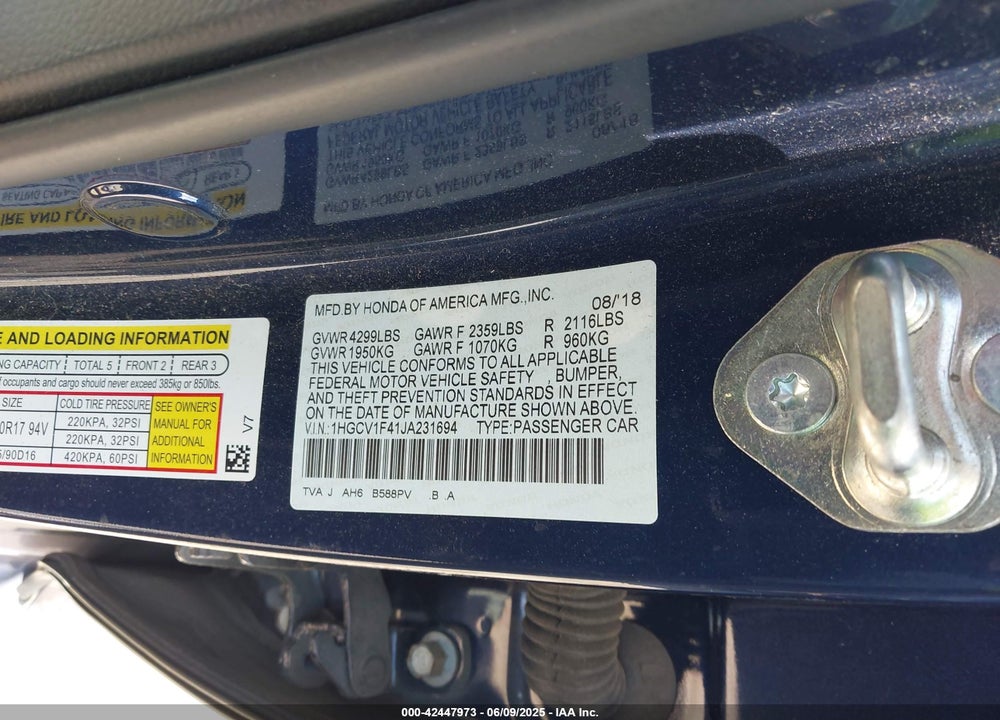 2018 HONDA ACCORD VIN: 1HGCV1F41JA231694