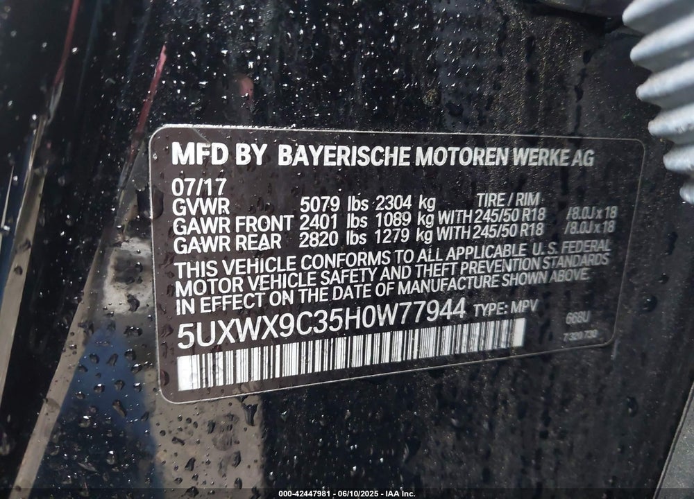 2017 BMW X3 VIN: 5UXWX9C35H0W77944