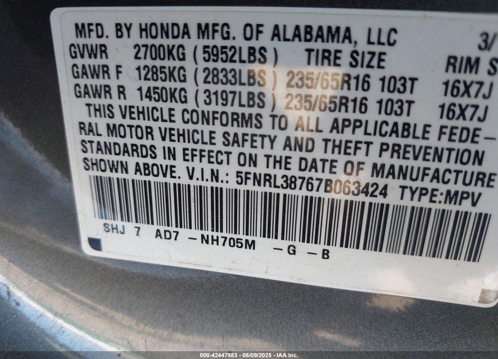 2007 HONDA ODYSSEY EX-L VIN: 5FNRL38767B063424