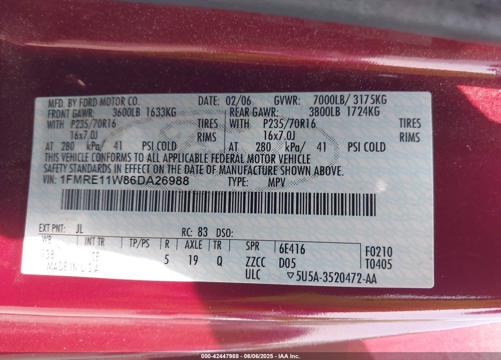 2006 FORD E-150 XL/XLT VIN: 1FMRE11W86DA26988