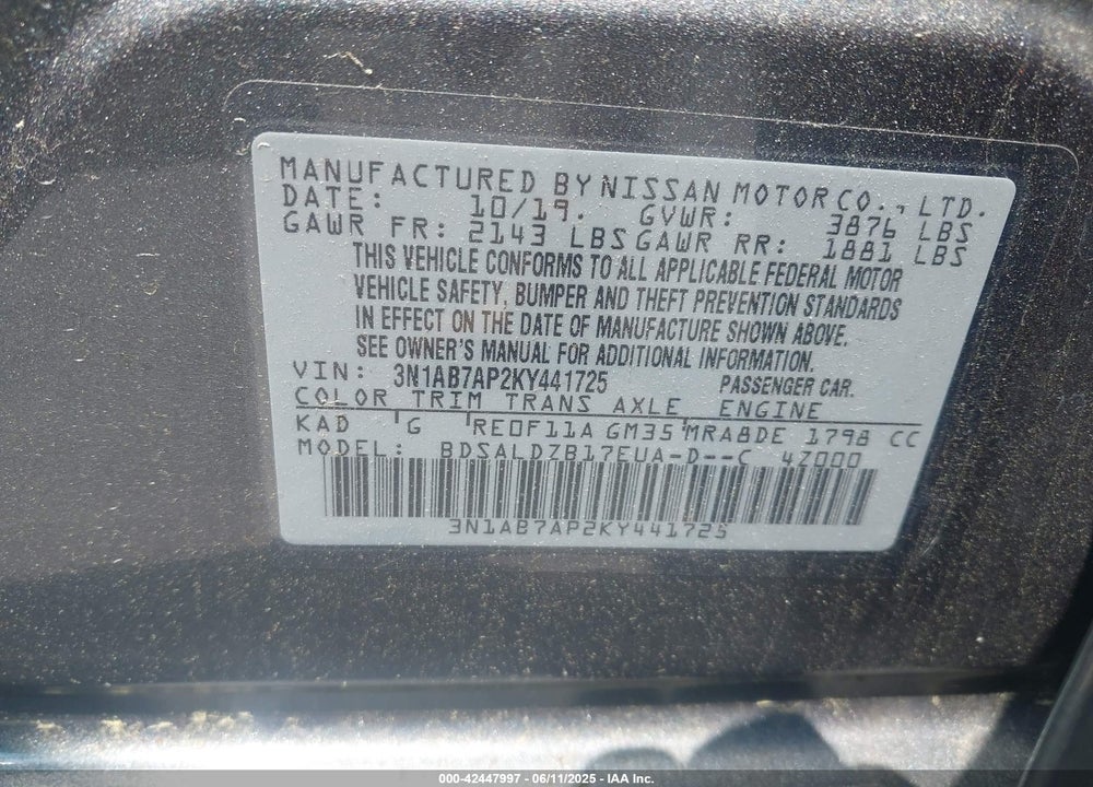 2019 NISSAN SENTRA VIN: 3N1AB7AP2KY441725