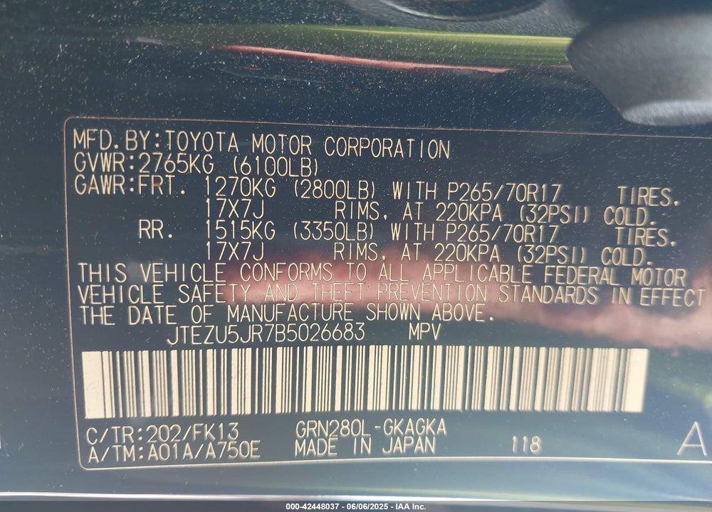 2011 TOYOTA 4RUNNER SR5 V6 VIN: JTEZU5JR7B5026683