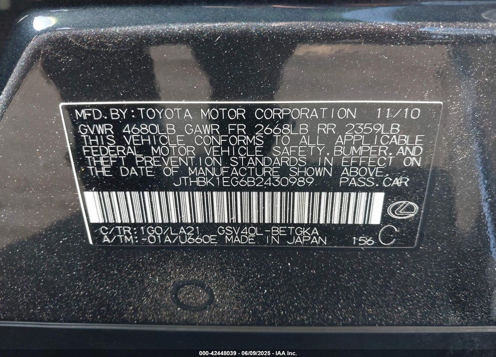 2011 LEXUS ES 350 VIN: JTHBK1EG6B2430989