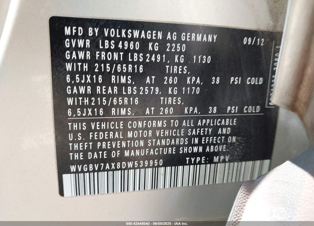 2013 VOLKSWAGEN TIGUAN VIN: WVGBV7AX8DW539950