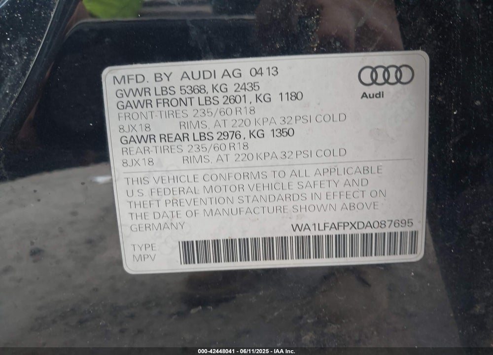 2013 AUDI Q5 VIN: WA1LFAFPXDA087695