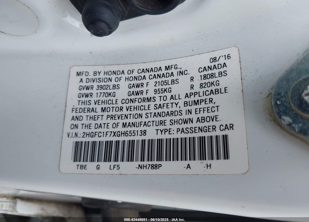 2016 HONDA CIVIC EX-L VIN: 2HGFC1F7XGH655138