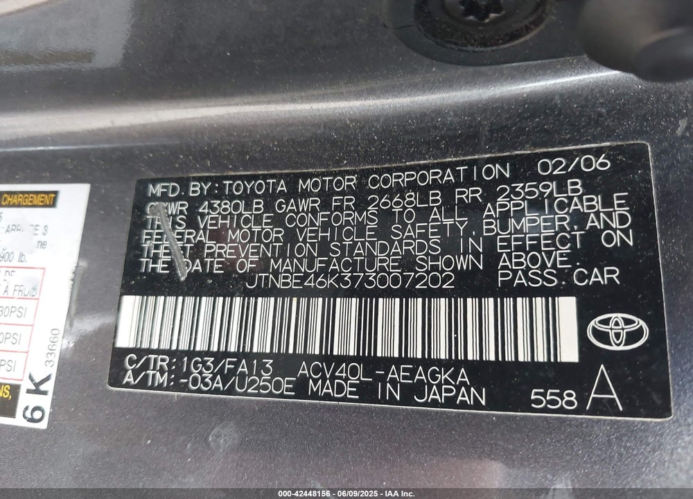 2007 TOYOTA CAMRY XLE VIN: JTNBE46K373007202