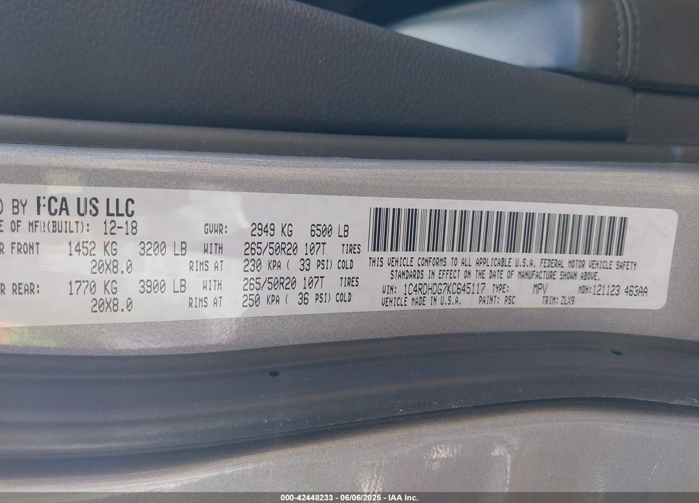 2019 DODGE DURANGO VIN: 1C4RDHDG7KC645117