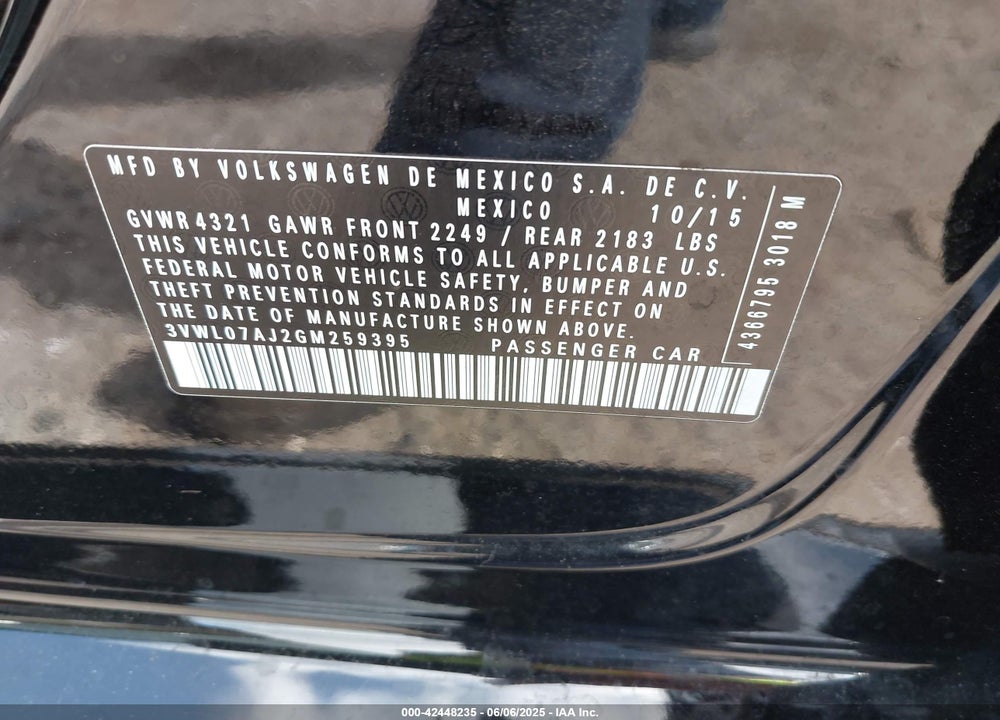 2016 VOLKSWAGEN JETTA VIN: 3VWL07AJ2GM259395