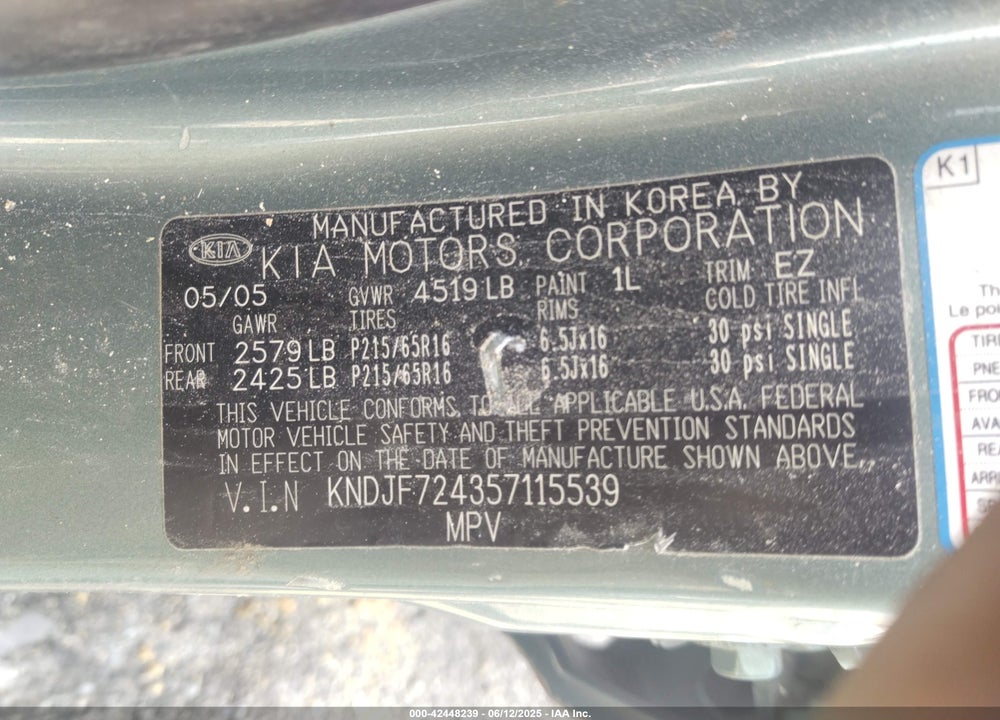 2005 KIA SPORTAGE LX VIN: KNDJF724357115539