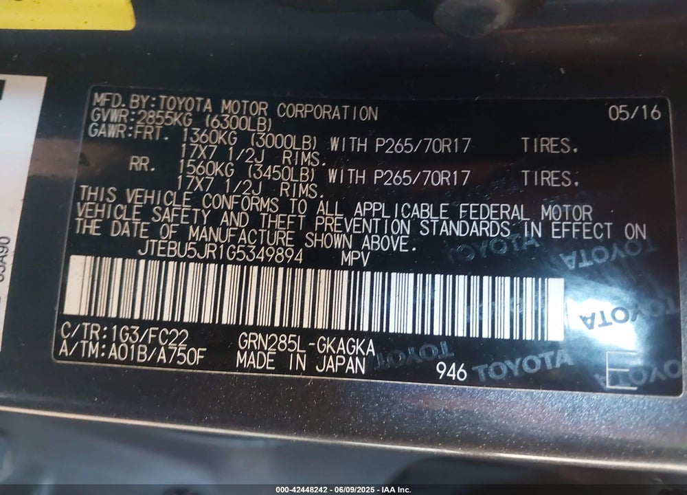 2016 TOYOTA 4RUNNER VIN: JTEBU5JR1G5349894