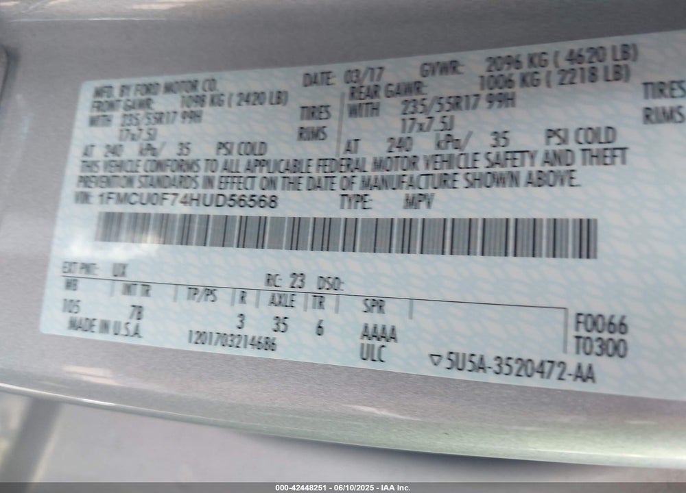 2017 FORD ESCAPE S VIN: 1FMCU0F74HUD56568