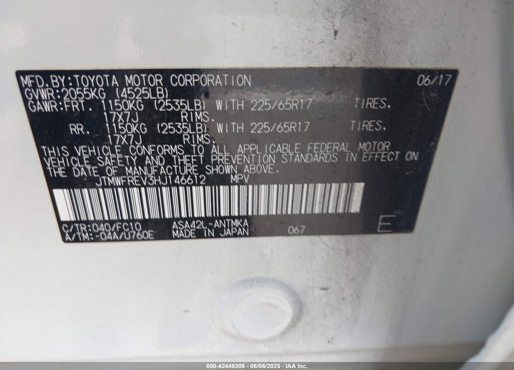 2017 TOYOTA RAV4 XLE VIN: JTMWFREV3HJ146612