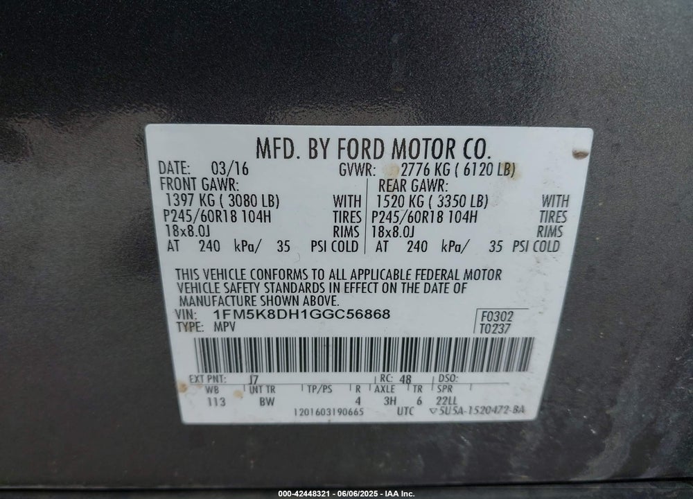2016 FORD EXPLORER XLT VIN: 1FM5K8DH1GGC56868