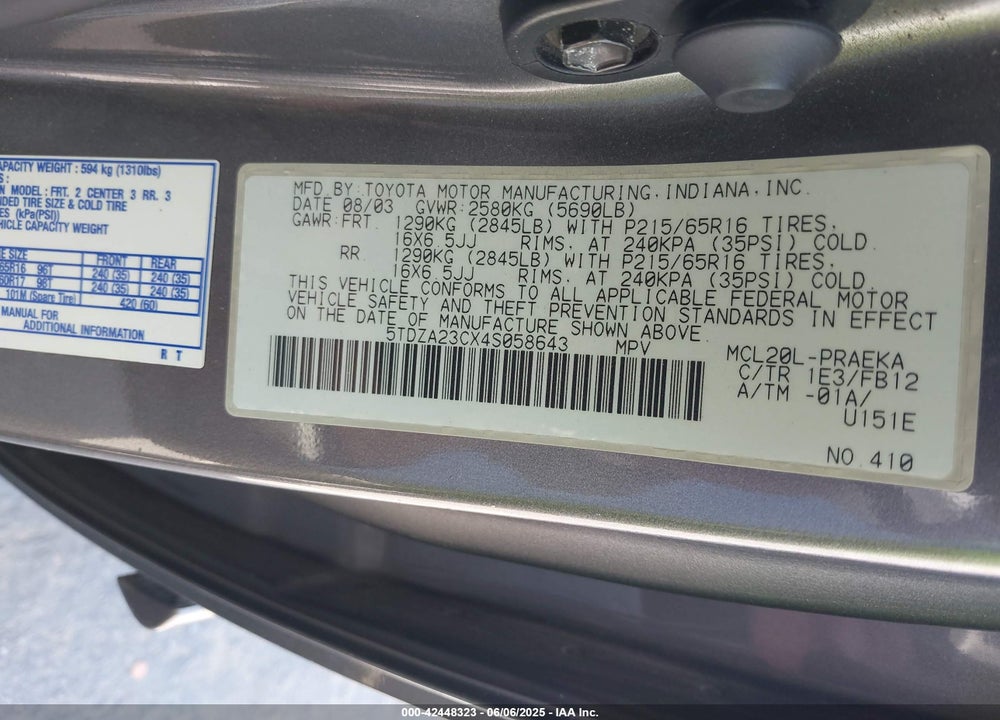 2004 TOYOTA SIENNA LE VIN: 5TDZA23CX4S058643