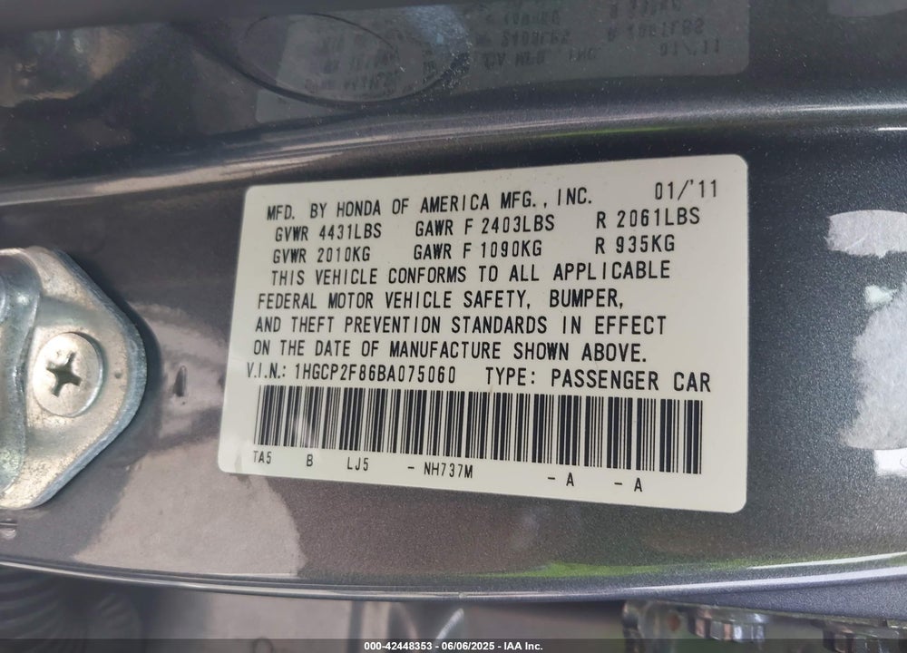 2011 HONDA ACCORD VIN: 1HGCP2F86BA075060