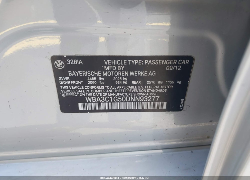 2013 BMW 328I VIN: WBA3C1G50DNN93277