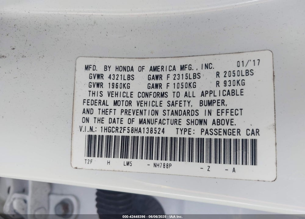 2017 HONDA ACCORD SPORT VIN: 1HGCR2F58HA138524