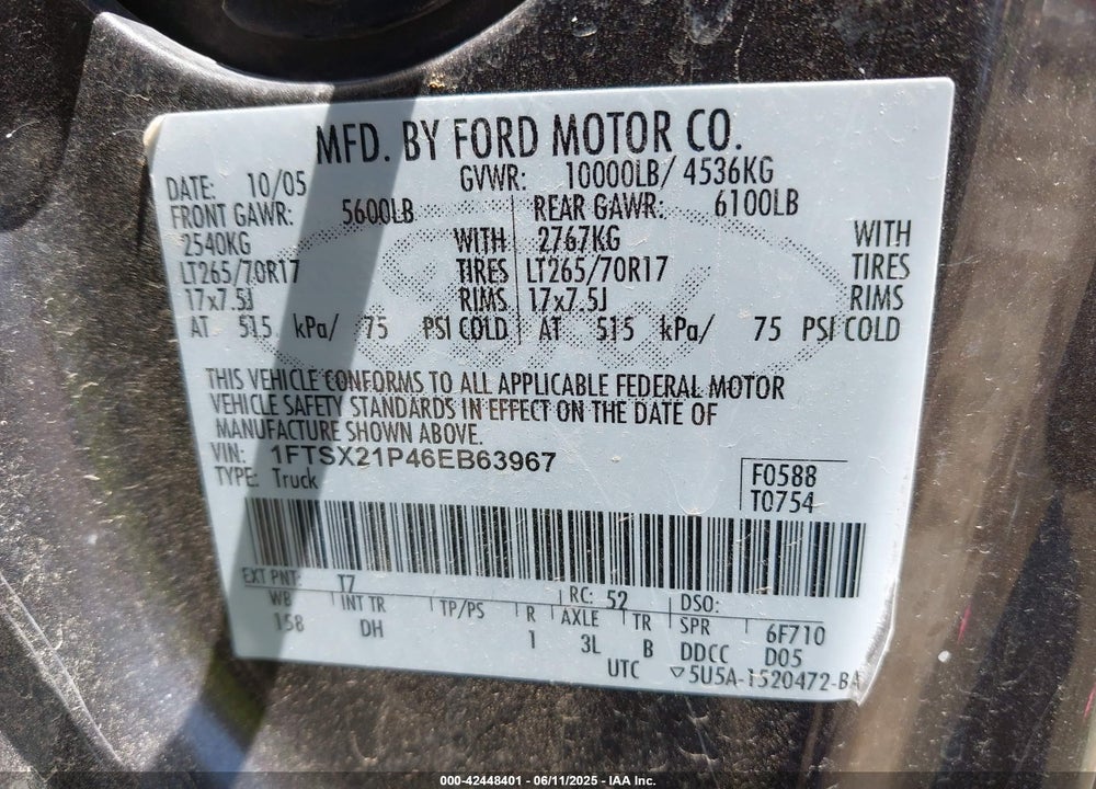 2006 FORD F-250 VIN: 1FTSX21P46EB63967