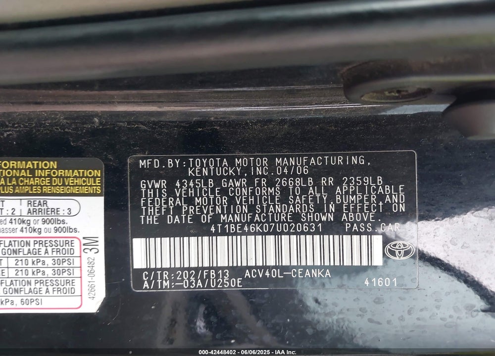 2007 TOYOTA CAMRY VIN: 4T1BE46K07U020631