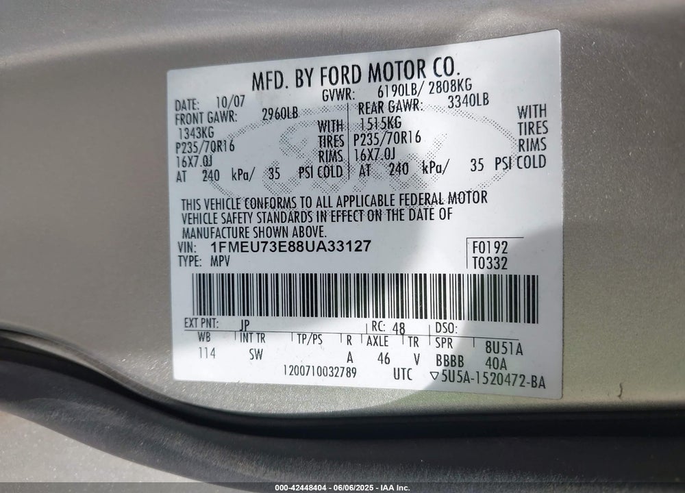2008 FORD EXPLORER XLT VIN: 1FMEU73E88UA33127