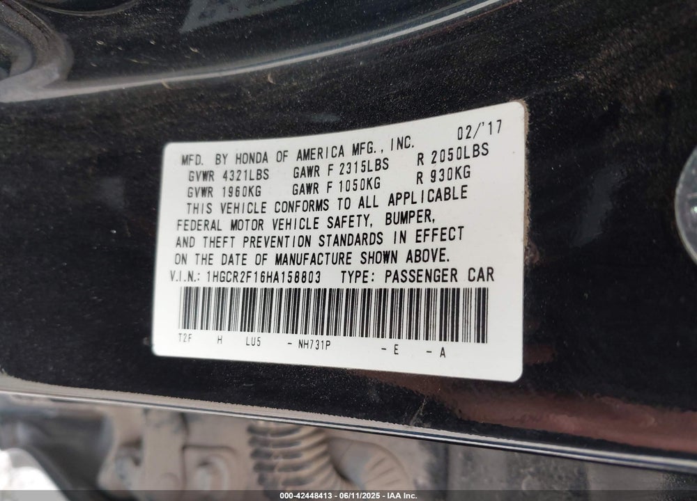 2017 HONDA ACCORD SPORT SE VIN: 1HGCR2F16HA158803