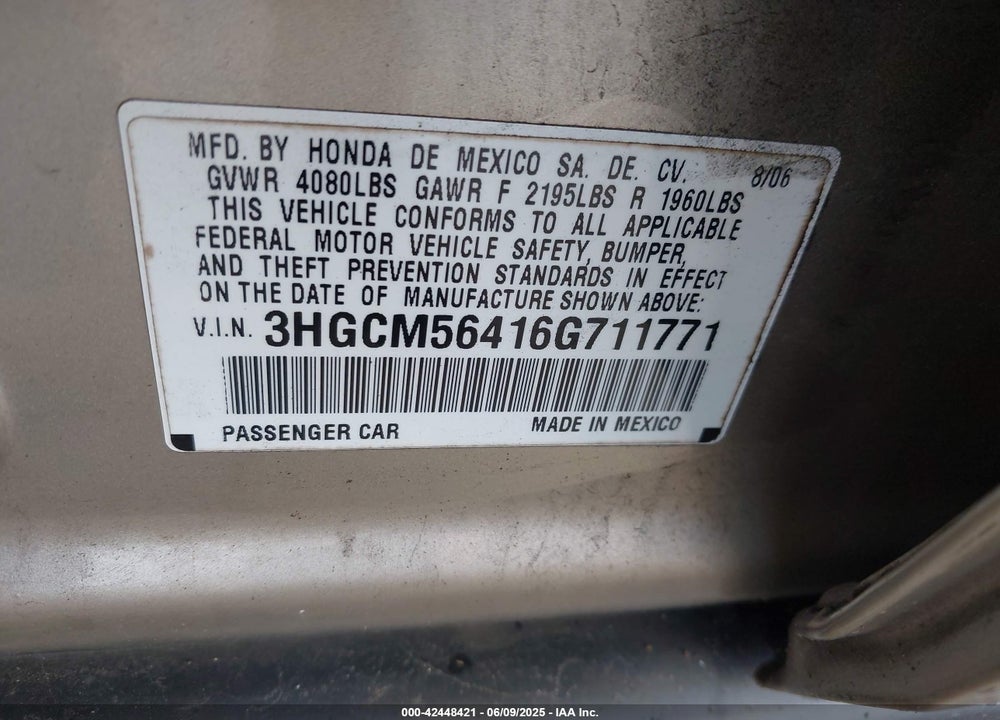 2006 HONDA ACCORD 2.4 LX VIN: 3HGCM56416G711771
