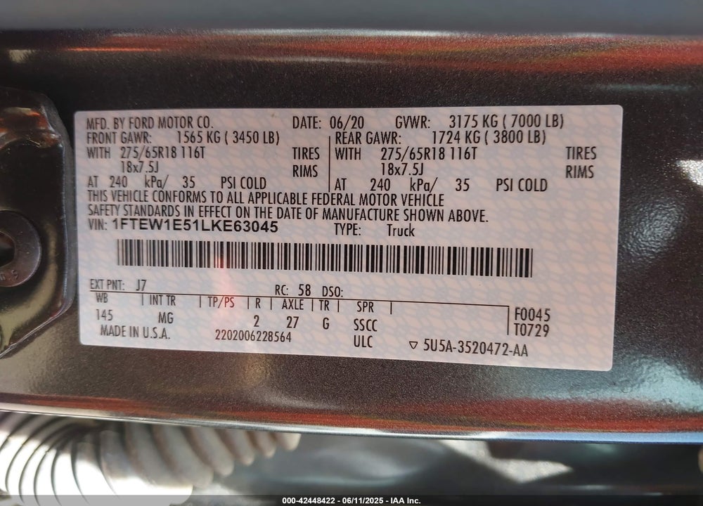 2020 FORD F-150 XLT VIN: 1FTEW1E51LKE63045