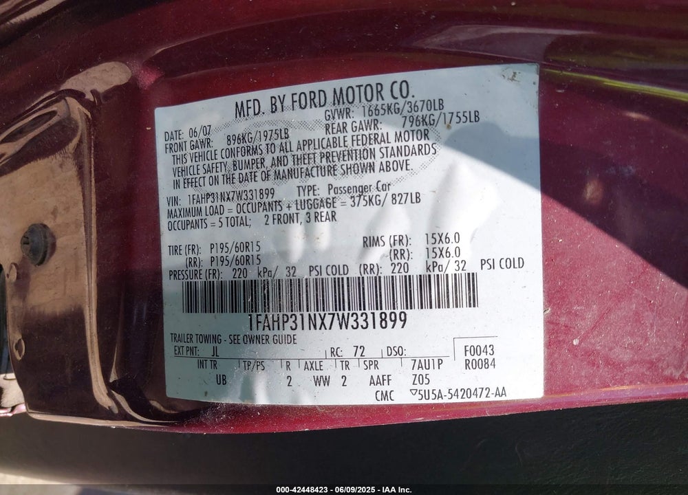 2007 FORD FOCUS S/SE/SES VIN: 1FAHP31NX7W331899